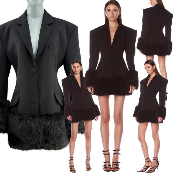 🆕 BRONX & BANCO 🧿 NWOT Emerson Black Faux Fur Trimmed Blazer Dress, Sz S US 4 - Picture 1 of 17